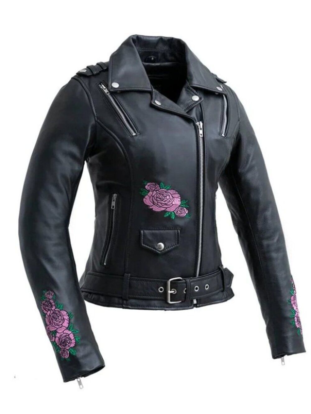 Women's Black Genuine Leather Moto Biker Jacket Zip Front with CE Armors Jacket